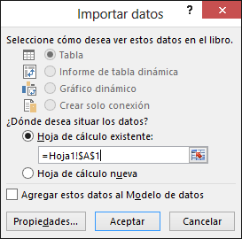 En el cuadro de diálogo Importar datos, elija colocar los datos en una hoja de cálculo existente (la configuración predeterminada) o en una nueva hoja de cálculo.