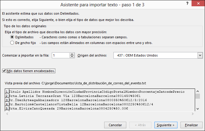 Obtener datos externos desde texto en Excel, Asistente para importar texto, paso 1 de 3
