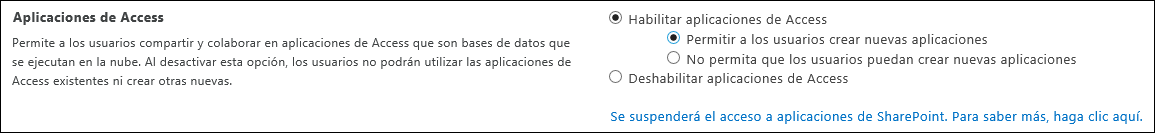 Captura de pantalla de la configuración de la aplicación de Access en la página del centro de administración de SharePoint