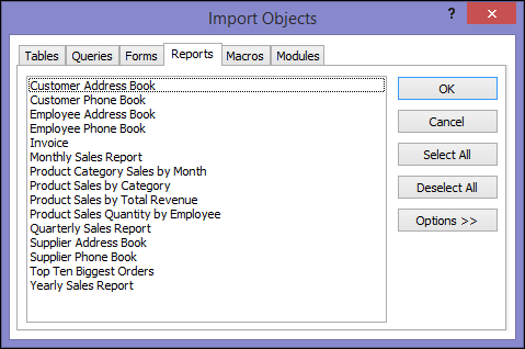 Cuadro de diálogo Importar objetos en una base de datos de Access