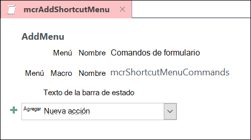 Captura de pantalla de un objeto de macro de Access con una acción de macro AgregarMenú.
