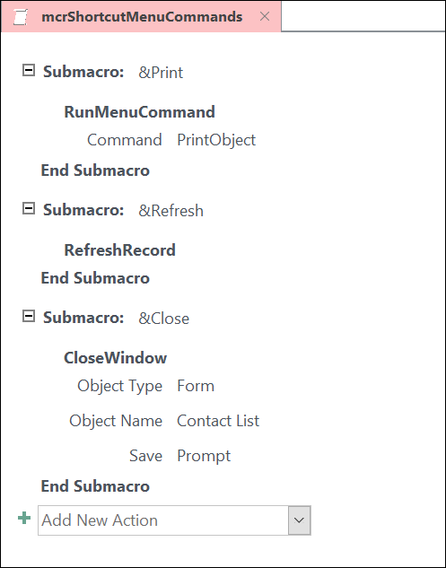 Captura de pantalla de la ventana de diseño de macros de Access con tres instrucciones submacro.