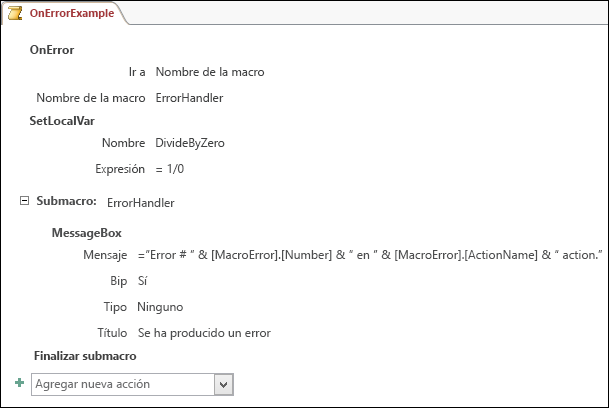 Superficie de diseño de macros de Access que muestra una acción de macro OnError.