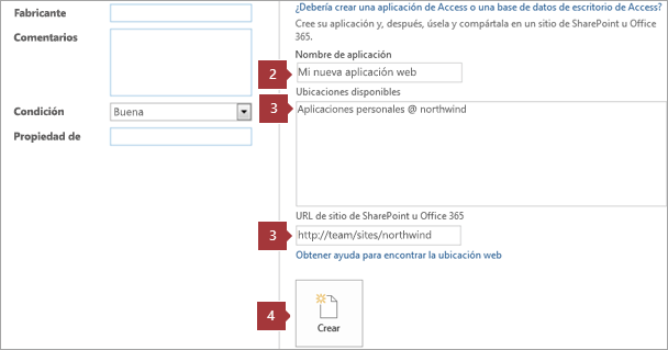 Nueva pantalla de creación de aplicaciones de web Access