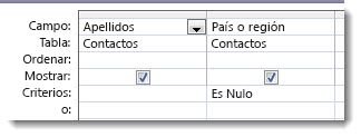 En la imagen se muestra el campo de criterios del diseñador de consultas con el criterio Es nulo