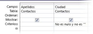 diseñador de consultas con criterios en los que el campo Ciudad no es nulo ni está en blanco.
