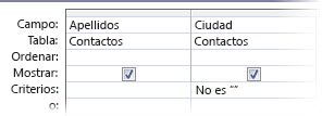 criterios del diseñador de consultas establecidos con el campo País no en blanco