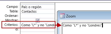 Imagen de diseño de consulta usando SIN con Y SIN seguido del texto que se debe excluir de la búsqueda