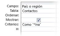 Imagen del diseñador de consultas que muestra criterios con operadores de publicación, como un carácter comodín en un
