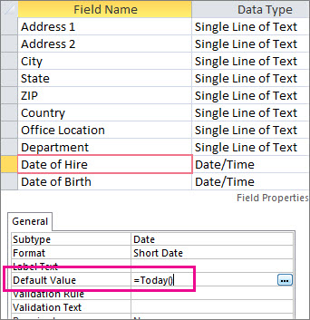 Configuración del valor habitual de un campo Fecha y hora de una tabla de Access.