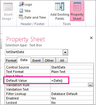 Hoja de propiedades que muestra la propiedad Valor predeterminado configurada en Date().