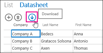 Botón de acción Descargar en Excel, en la vista Hoja de datos
