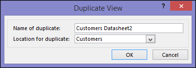 Cuadro de diálogo Duplicar vista que muestra el nombre de cuadro duplicado y una ubicación para cuadros duplicados.