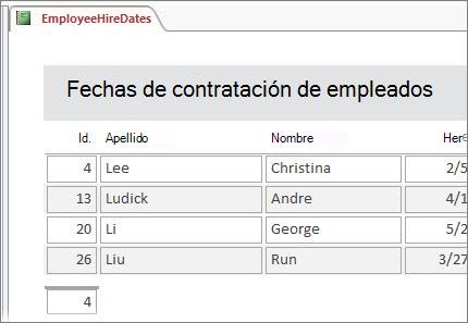 Un informe de empleado filtrado por los empleados cuyos apellidos empiezan por L.