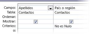 Imagen del Diseñador de consultas con el criterio No es