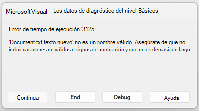 Captura de pantalla del error en tiempo de ejecución 3125