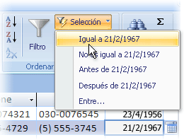 Lista de filtros por selección
