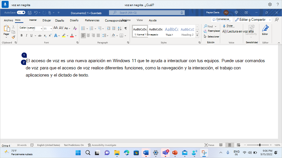 Word documento que muestra el comando de acceso de voz Negrita.