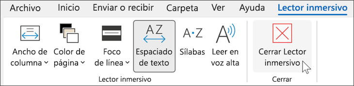 Captura de pantalla que muestra la herramienta de Lector inmersivo en Outlook con el cursor sobre cerca.