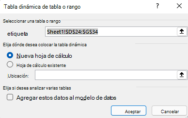 Cuadro de diálogo Crear tabla dinámica en Excel para Windows que muestra el rango de celdas seleccionado y las opciones predeterminadas.