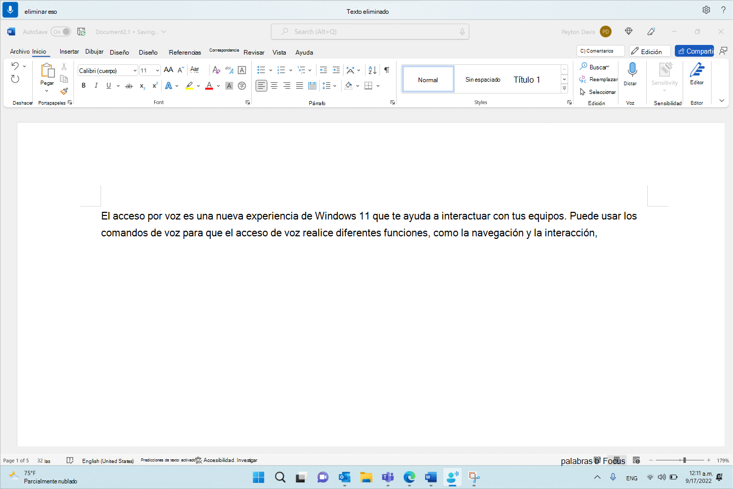 Word documento que muestra el comando de acceso de voz Eliminar eso.