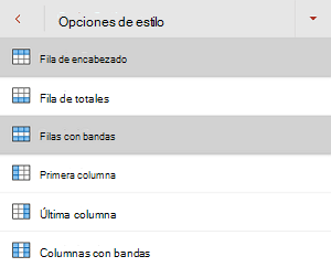 Casilla Fila de encabezado seleccionada en el menú Opciones de estilo de PowerPoint para Android.