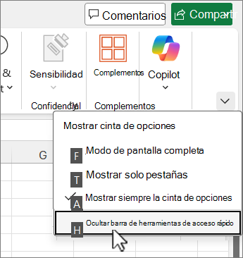 Comando de teclado para ocultar la barra de herramientas de acceso rápido