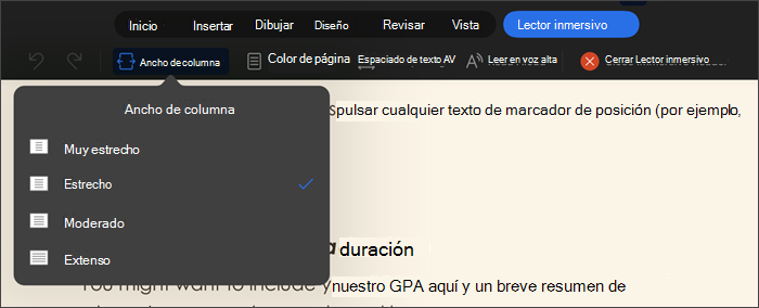 captura de pantalla del Lector inmersivo con el ancho de columna seleccionado, las opciones son muy estrecho, estrecho, moderado, ancho