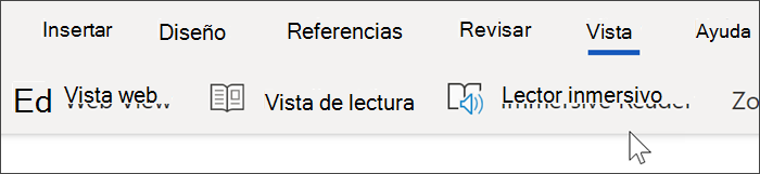 Captura de pantalla de la navegación superior de word online, se ha seleccionado la vista y el cursor pasa por encima del Lector inmersivo