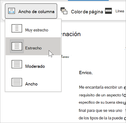 captura de pantalla del menú desplegable para el ancho de columna para el Lector inmersivo, las opciones son muy estrecho, estrecho, moderado, ancho