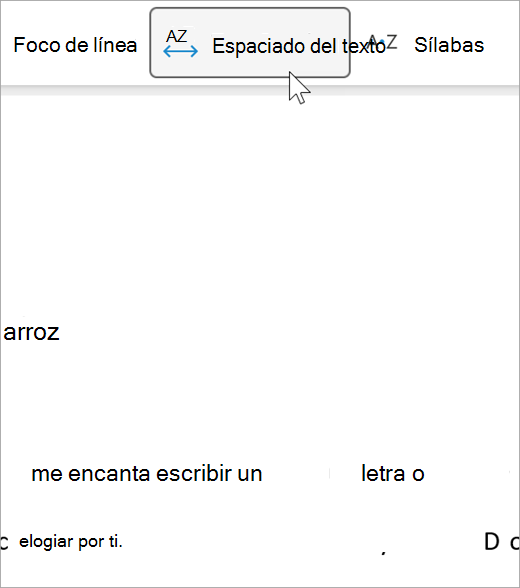 Captura de pantalla de la opción de espaciado de texto del Lector inmersivo, hay una mayor distancia entre letras y entre palabras
