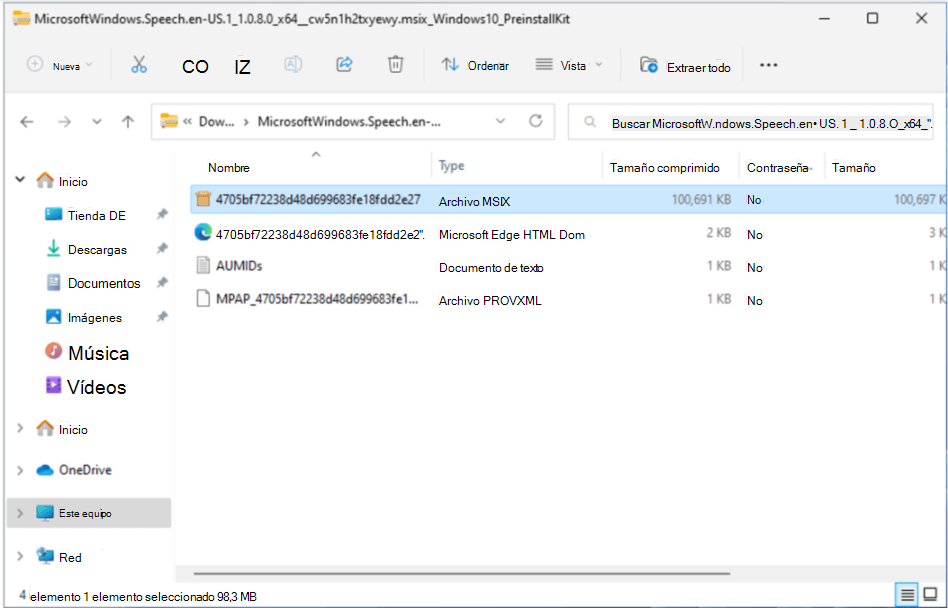 Archivo MSIX seleccionado en la carpeta comprimida