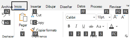 KeyTips que se muestra en la cinta de Visio en Windows.