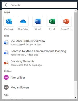 Cuadro de búsqueda de Microsoft 365 con la lista desplegable expandida cuando el foco está en el cuadro de búsqueda.