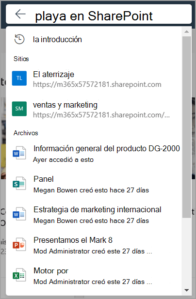 Cuadro de búsqueda de Microsoft SharePoint con lista desplegable expandida cuando el foco se encuentra en el cuadro de búsqueda.