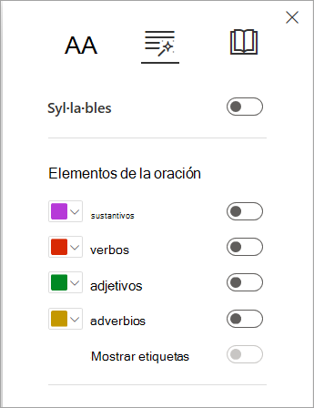 Opciones de gramática en el Lector inmersivo.