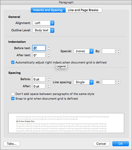 Cuadro de diálogo Párrafo en Outlook para Mac.