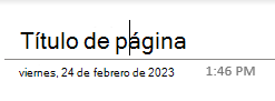 Los campos de texto de título de página en una página de OneNote para Windows 10.