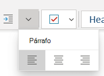 El menú Párrafo que muestra las opciones disponibles en OneNote para Windows 10.