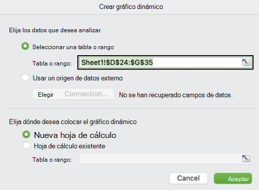 Cuadro de diálogo Crear gráfico dinámico en Mac.