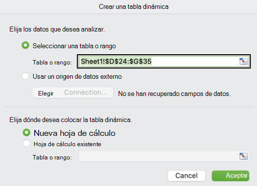 Cuadro de diálogo Crear una tabla dinámica en Mac.