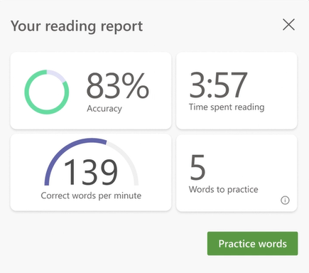 Captura de pantalla de los datos de una sesión de Entrenador de lectura, se muestra la precisión, el tiempo dedicado a la lectura, las palabras correctas por minuto y el número de palabras que hay que practicar.
