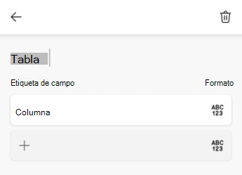 Campo de texto Nombre de tabla en Excel para Android