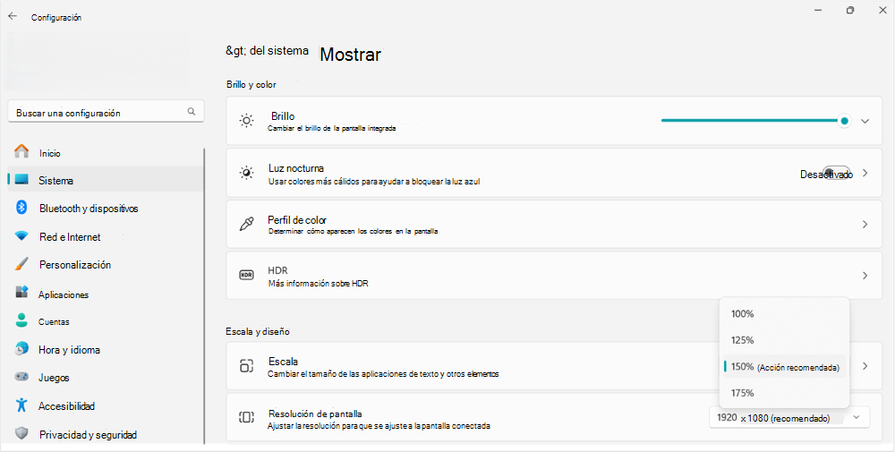 Captura de pantalla de cambio de tamaño de la opción de escala en WIndows 11