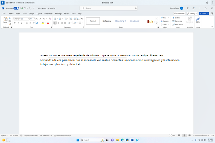 Seleccionar un rango de texto mediante el acceso por voz.