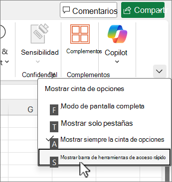 Comando de teclado para mostrar la barra de herramientas de acceso rápido