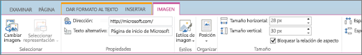 Captura de pantalla que muestra una sección de la cinta de SharePoint Online con la pestaña Imagen seleccionada y las selecciones disponibles en los grupos Seleccionar, Propiedades, Estilos, Organizar, Tamaño y Espaciado.