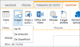 Captura de pantalla de la cinta de SharePoint Online. Seleccione la pestaña Insertar y después Imagen; elija si un archivo se carga desde el equipo, una dirección web o una ubicación de SharePoint.
