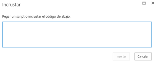 Captura de pantalla del cuadro de diálogo Insertar en SharePoint Online para pegar script o código para insertar para archivos de audio o vídeo y, a continuación, insertar el código.