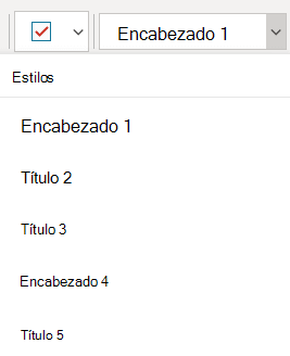 Menú Estilos que muestra diferentes estilos de título en OneNote para Windows 10.